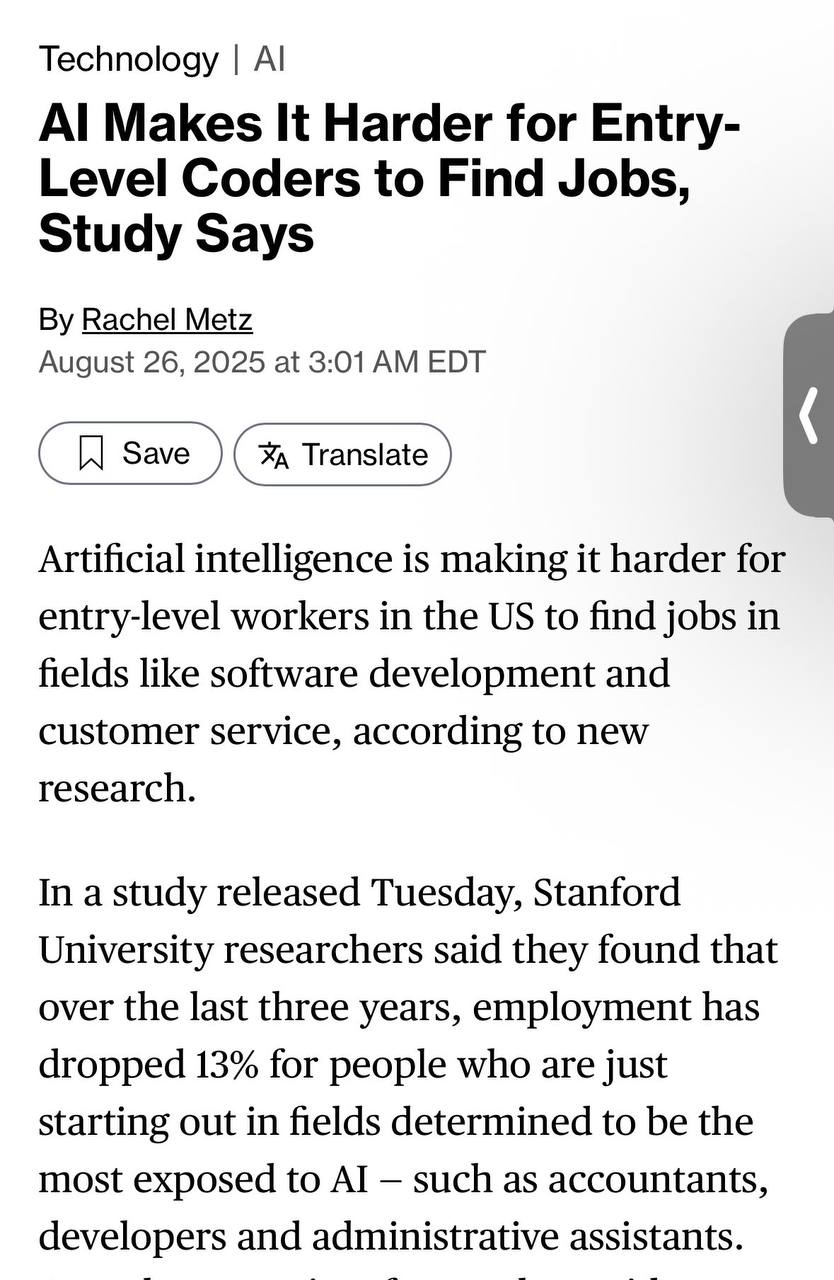 Stanford paper says AI is making it harder for entry-level tech bros to find jobs, Early-career (ages 22-25) in AI-exposed occupations have experienced a 13% decline in employment, Employment declines are concentrated in occupations where AI is likely to automate, rather than augment, human labour 