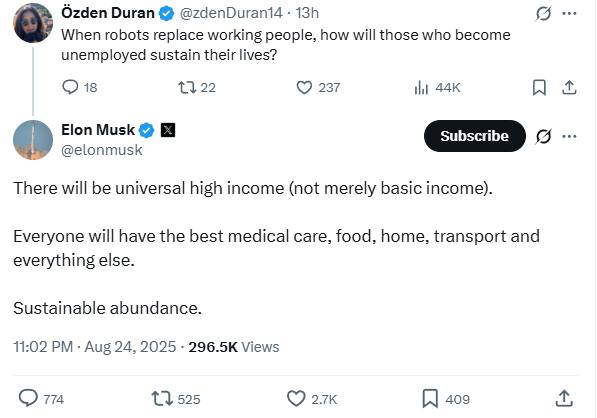 Elon Musk: There will be universal high income when robots replace working people.