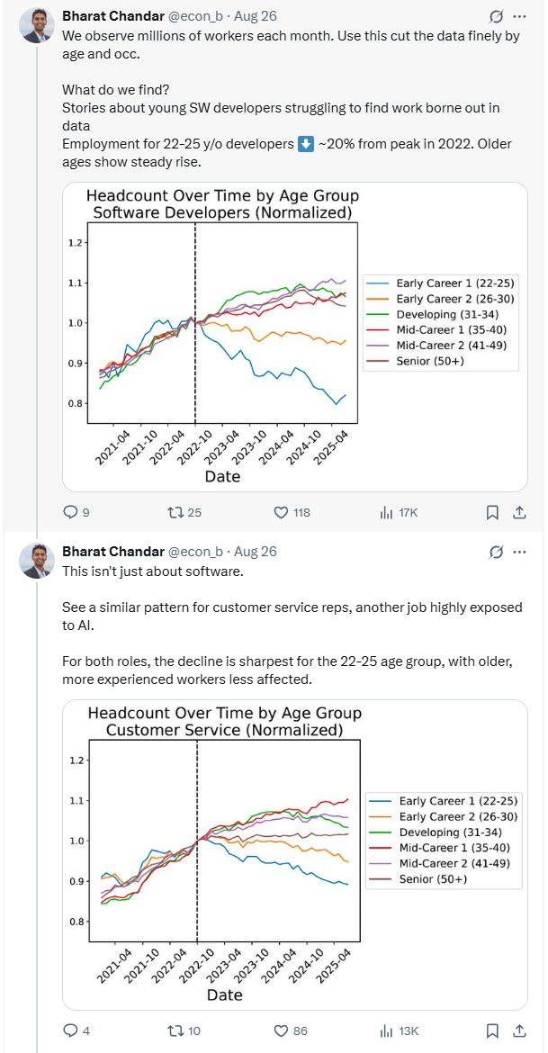 Initially, it was said that rising unemployment among software developers was due to over hiring. Empirical evidence now shows that this is not the case in fact, areas such as software developers (juniors) and customer service are seeing rising unemployment. In other words, there is hardly any demand for new entrants to the software and customer service sectors. Dario Amodei has warned of this impending unemployment.